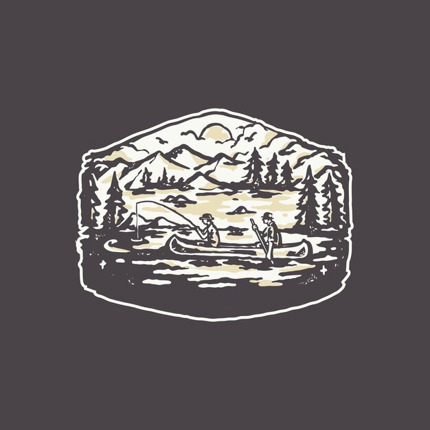 Ilustración de logotipo de insignia de barco de pesca de lago vintage