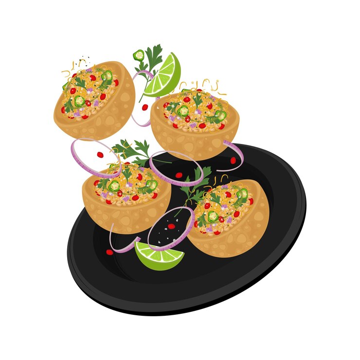 Ilustración del logotipo Levitación Katori Chaat Aloo Tikki Chaat Alou Tokri Chaat en una placa negra