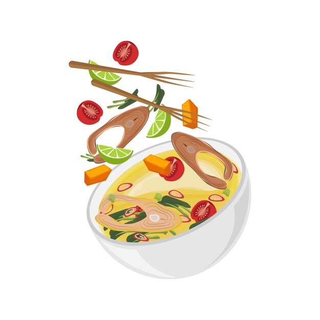 Vector ilustración del logotipo de la levitación papeda sago gachas con pescado en salsa amarilla