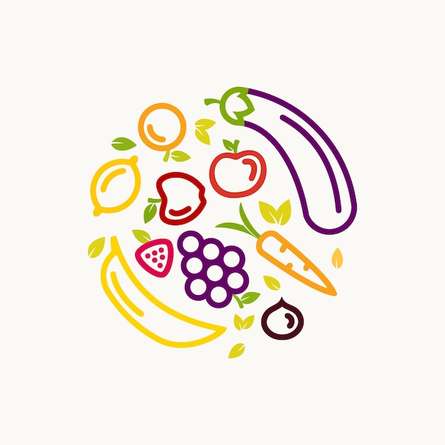 ilustración de logotipo de línea de frutas y verduras circular