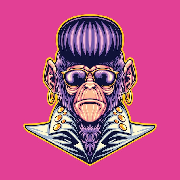 Ilustración del logotipo de la mascota de la cabeza del mono de Elvis