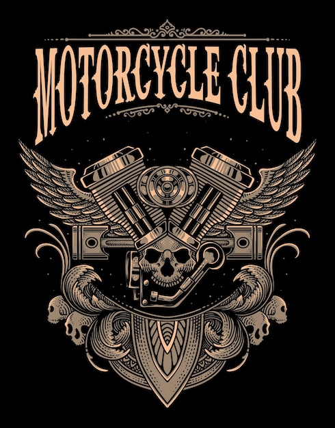 Ilustración del logotipo de un motor gemelo en V para un club de motocicletas