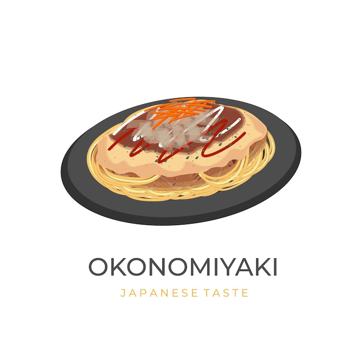Vector ilustración del logotipo de okonomiyaki estilo hiroshima con relleno de fideos