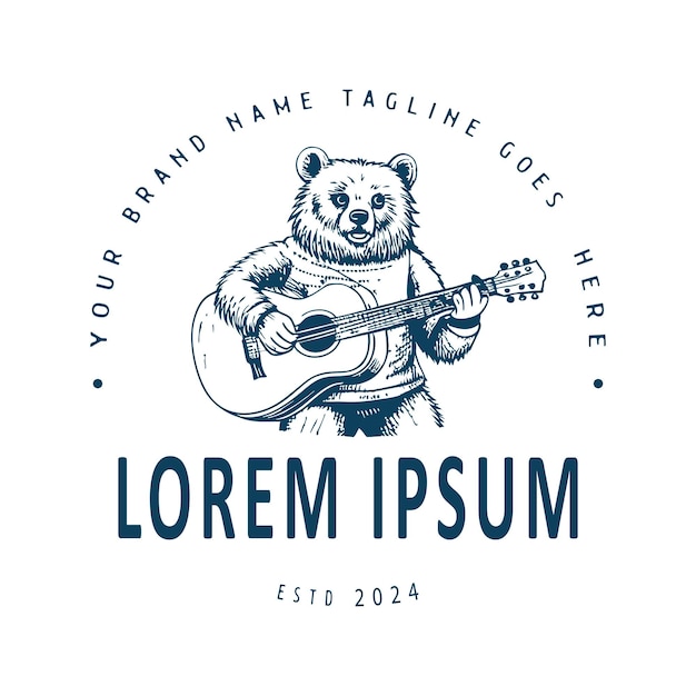 Ilustración del logotipo del oso tocando la guitarra dibujada a mano