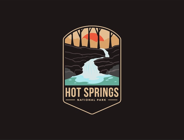 Ilustración del logotipo del parche del emblema del parque nacional hot springs sobre fondo oscuro