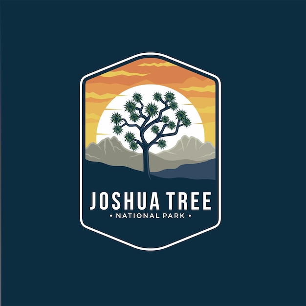 Ilustración del logotipo del parche del emblema del Parque Nacional Joshua Tree sobre fondo oscuro