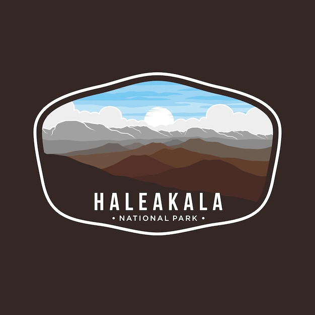 Ilustración del logotipo del parche del emblema del parque nacional de las montañas haleakala sobre fondo oscuro
