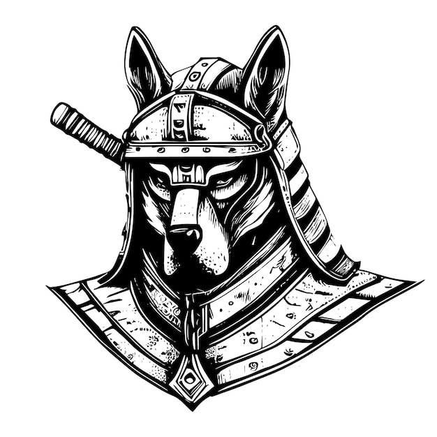 ilustración de logotipo de perro samurai japonés en blanco y negro