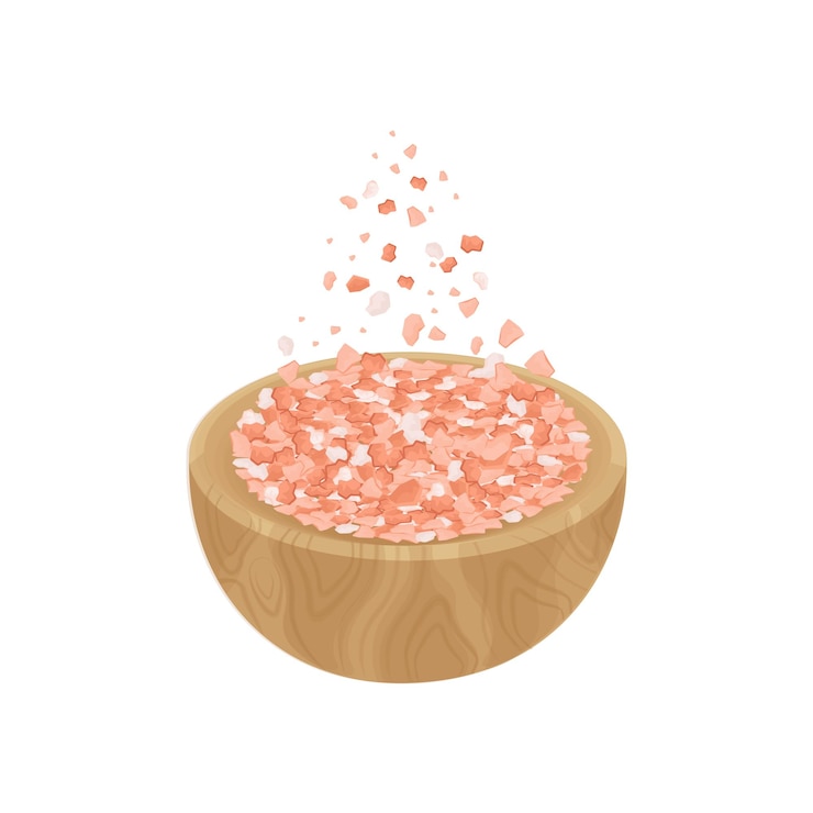 Ilustración del logotipo de sal del Himalaya o sal rosa en un recipiente de madera