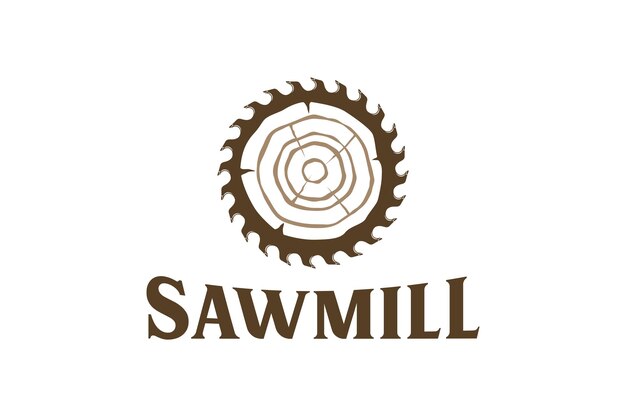 Ilustración del logotipo de una sierra circular en medio de un aserradero de carpintería con símbolo de troncos de madera