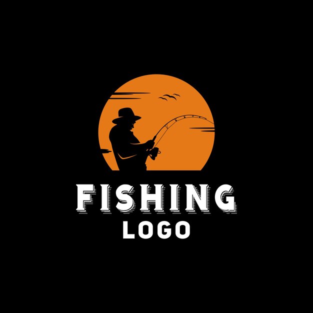 Ilustración de logotipo de silueta de pesca de pescador al atardecer al aire libre