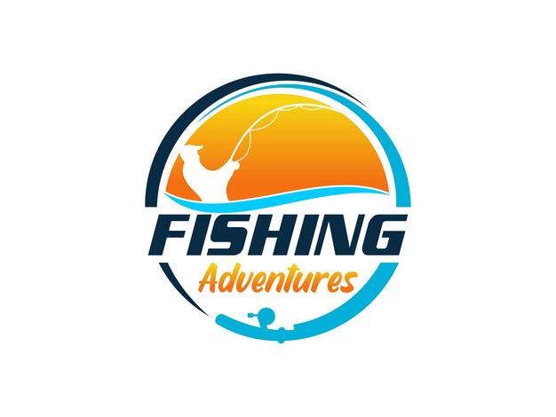 Ilustración del logotipo de la silueta de la pesca del pescador en la inspiración del diseño al aire libre de la puesta del sol utilizable para los negocios