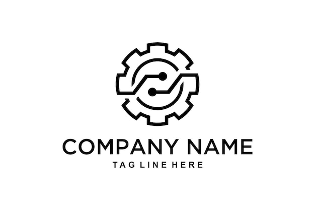 Ilustración del logotipo de tecnología de red en la industria con diseño de logotipo de forma de engranaje.