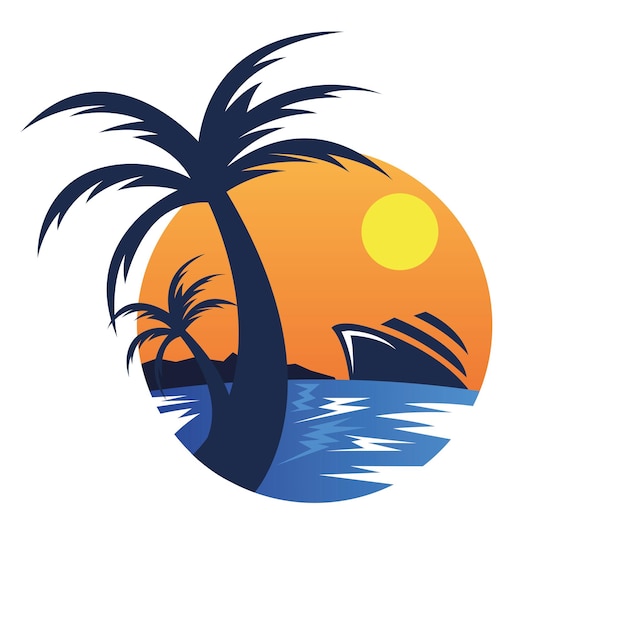 Ilustración de logotipo tropical de barco de viaje
