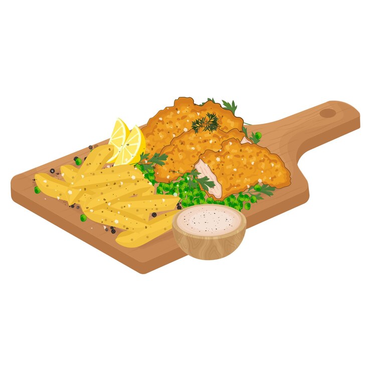 Ilustración del logotipo de Vector Clipart Pescado y patatas fritas con salsa tártara en un plato de madera
