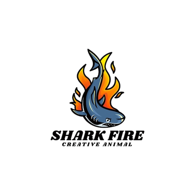 Ilustración logotipo vectorial con fuego tiburón estilo mascota simple