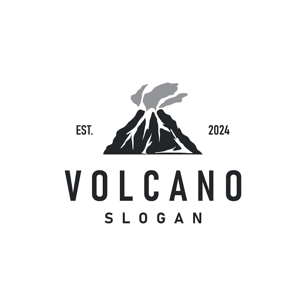 Ilustración del logotipo del volcán diseño de silueta montaña volcán en erupción con rocas simples y lava