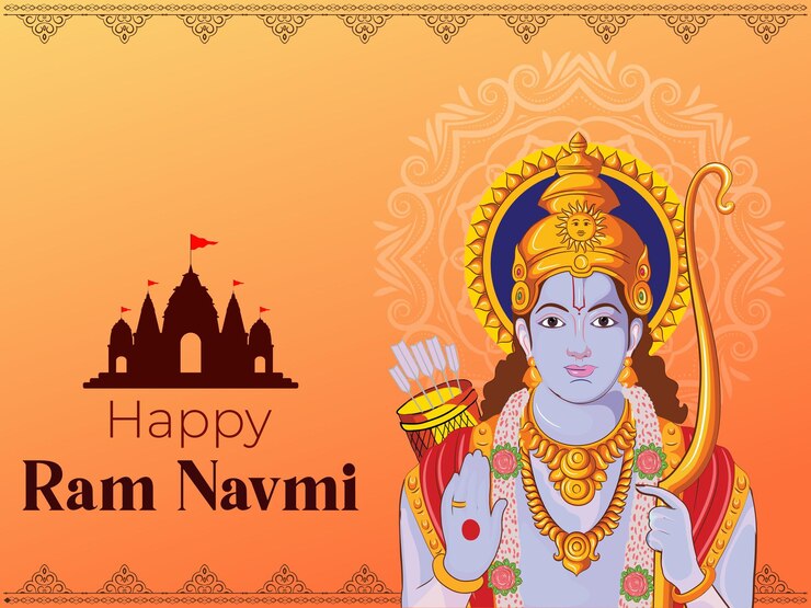 Ilustración de Lord Ram arco flecha y fondo del templo para el festival indio Ram Navmi
