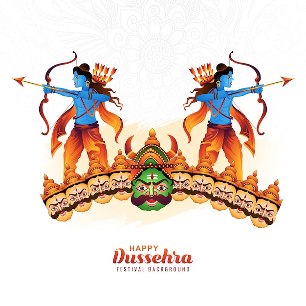 Ilustración de lord rama matando a ravana en el fondo de la tarjeta del festival feliz dussehra
