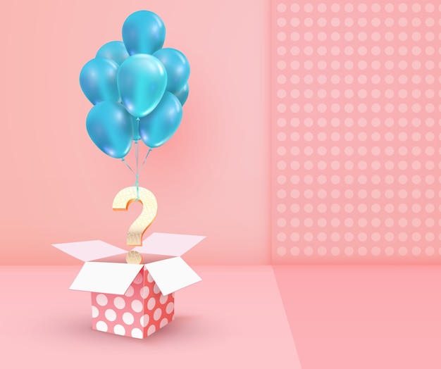 Ilustración de lotería de regalos ganadores. Caja con textura abierta con signo de interrogación dorado