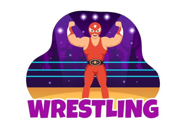 Vector ilustración de lucha libre con dos luchadores competición de boxeo o deporte de campeonato en una arena