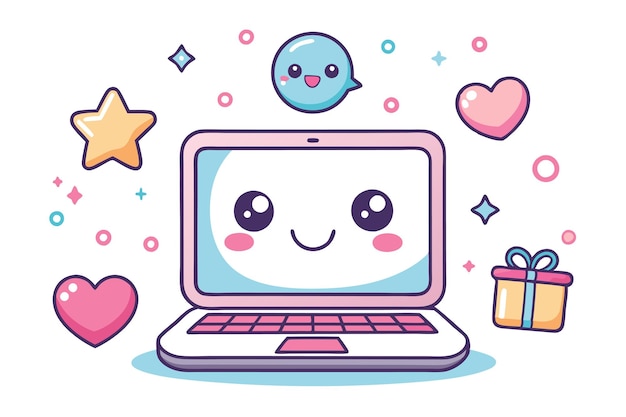 Ilustración lúdica de la computadora portátil con accesorios divertidos