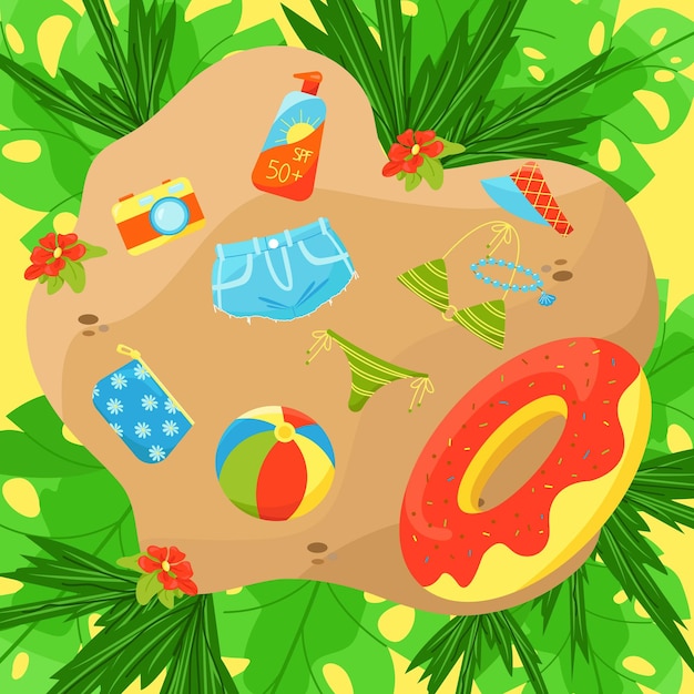Ilustración de un lugar para relajarse en la playa y artículos para las vacaciones de verano.