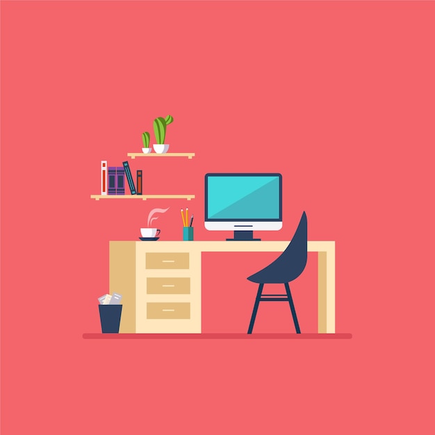Ilustración del lugar de trabajo moderno en la habitación Estilo minimalista plano