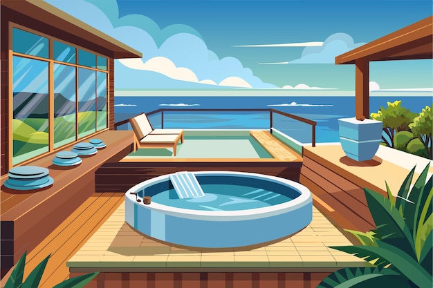 Vector ilustración de una lujosa cubierta costera con un jacuzzi redondo y un solo reclinable rodeado de exuberante vegetación y una vista clara del océano bajo un cielo brillante