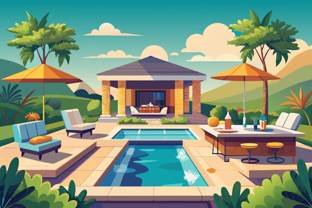 Vector ilustración de un lujoso patio trasero con una piscina una pequeña casa sillas de sol bajo un área de comedor con paraguas y vegetación exuberante con montañas en el fondo