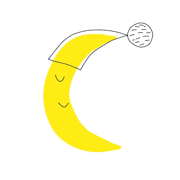 Ilustración de una luna durmiente personaje de dibujos animados de luna feliz en el cielo luna de dibujos animados lindo luna sonriente garabatos dibujados a mano