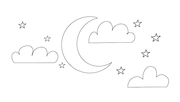 Ilustración de luna y estrellas con vector de estilo de arte de línea de dibujo a mano