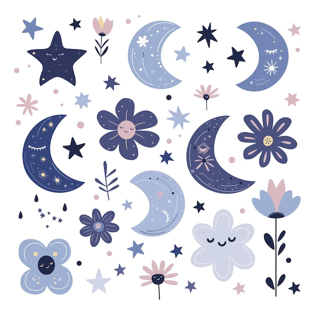 Vector ilustración de lunas caprichosas estrellas y flores en colores pastel suaves