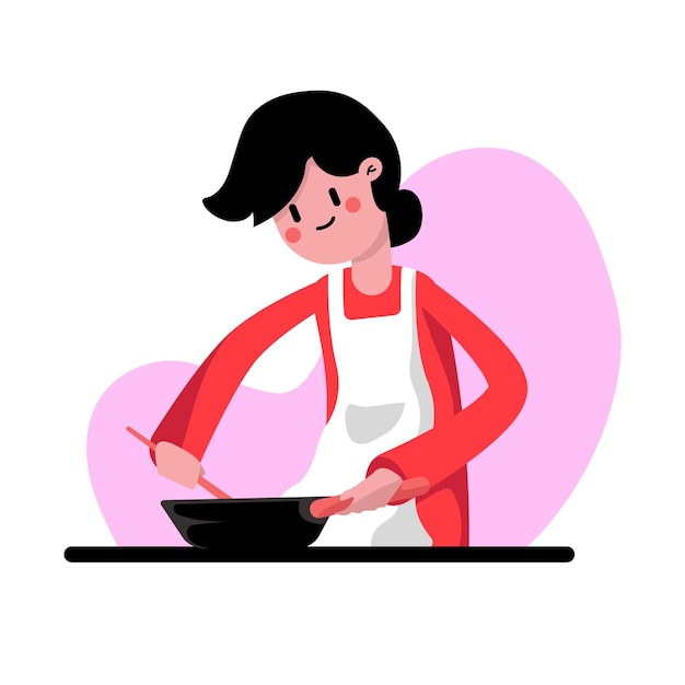 Ilustración de una madre cocinando para su familia con una sonrisa y un cálido afecto