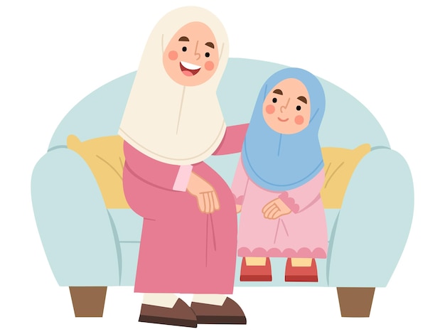 Ilustración de madre e hija en un sofá