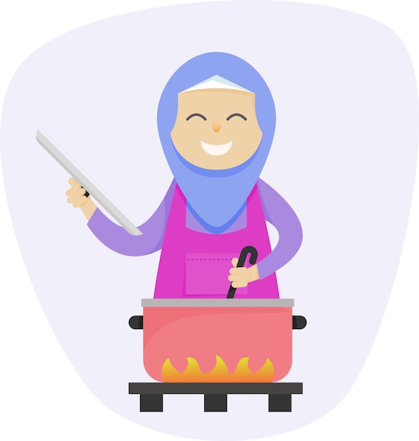 Ilustración de una madre con un hijab cocinando