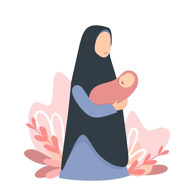 ilustración de una madre musulmana usando un hiyab sosteniendo a su lindo bebé recién nacido