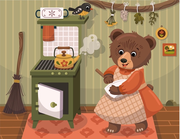 Ilustración de una madre oso horneando pasteles en un entorno de cocina tradicional oso de dibujos animados vectorial