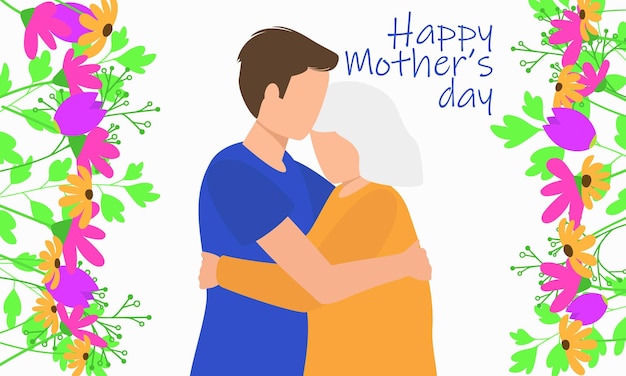 Una ilustración de una madre y su hijo abrazándose y las palabras feliz día de la madre