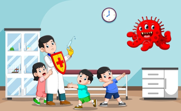 La ilustración del maestro de doctor para sanar a los niños en el hospital.