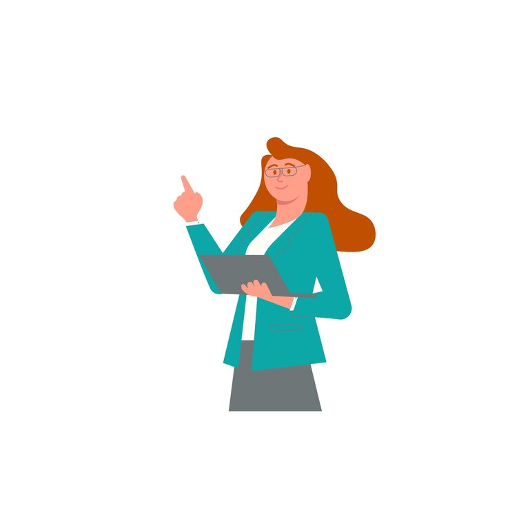 Vector ilustración de un maestro que usa una computadora portátil y una niña de pie compartiendo ideas para mejorar sus habilidades dama con ropa formal dibujo usando una minicomputadora compartir noticias