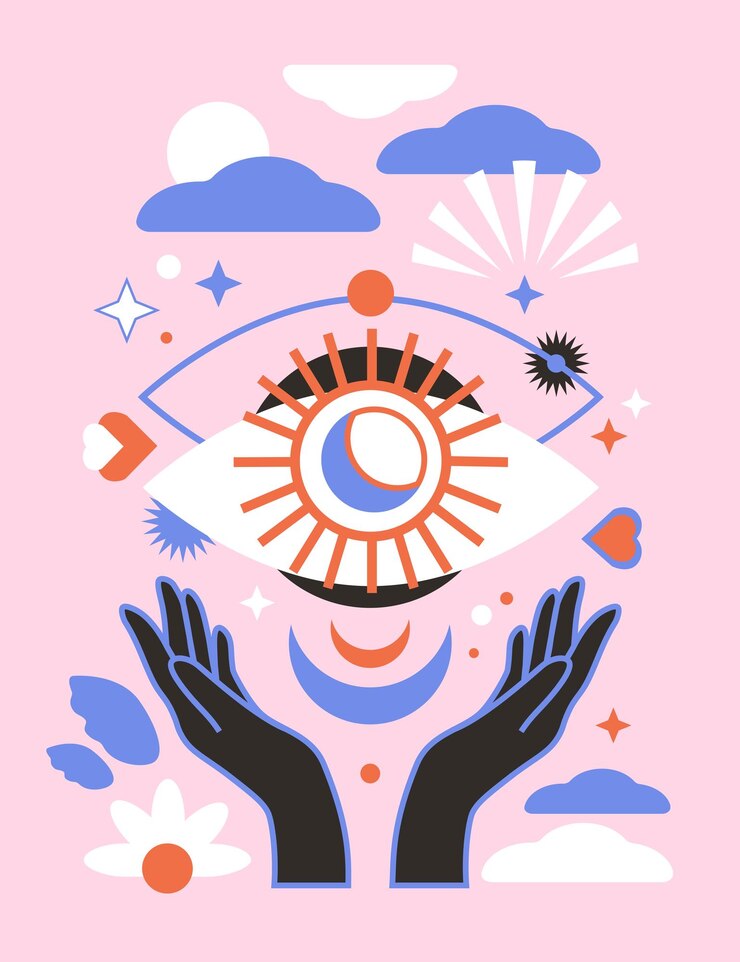 Vector ilustración mágica con ojo omnisciente sol luna sobre un fondo rosado