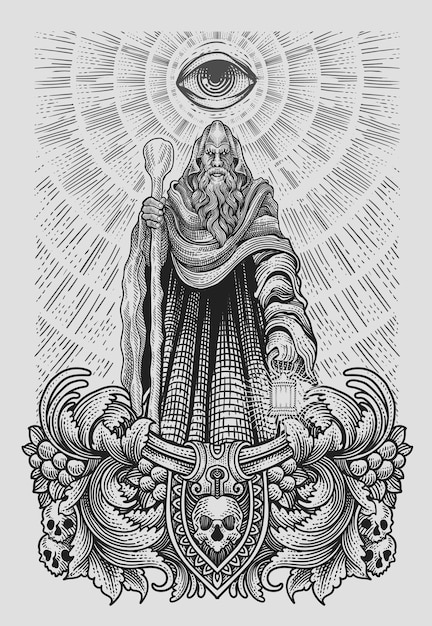 Ilustración del mago anciano con marco de ornamento de grabado Vector Eps 10