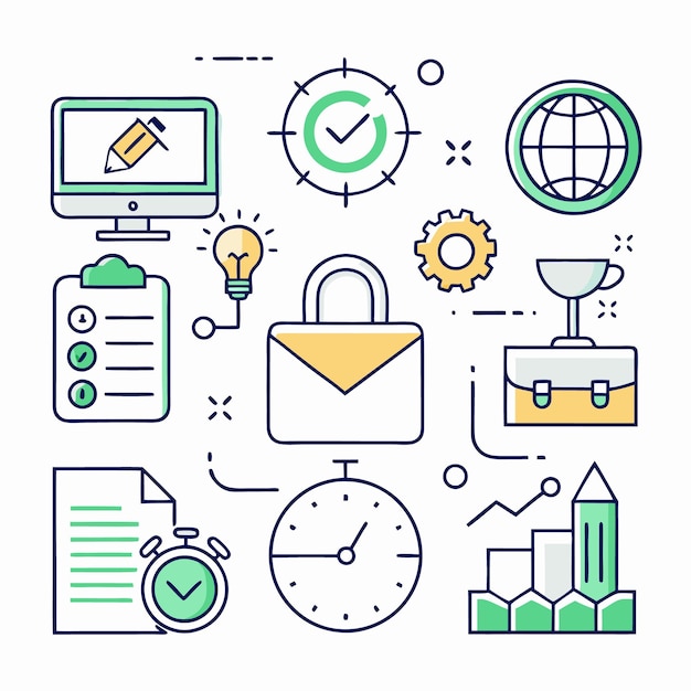 Ilustración de un maletín rodeado de iconos que representan el éxito empresarial, incluida una lista de comprobación, una bombilla, un engranaje, un trofeo, una computadora, un reloj, un gráfico y un cronómetro.