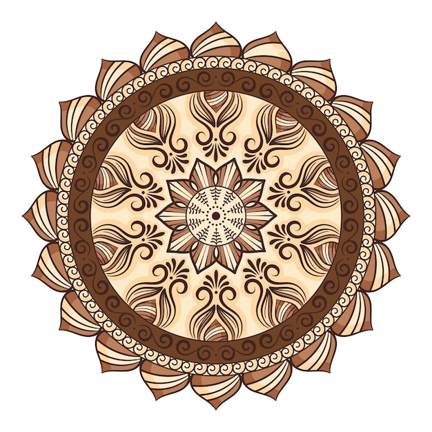 Ilustración de mandala de colores intrincados con patrones florales giratorios y un diseño central detallado