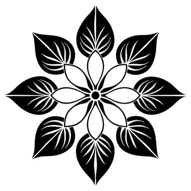 Ilustración de mandala negra y blanca con hojas sobre un fondo blanco