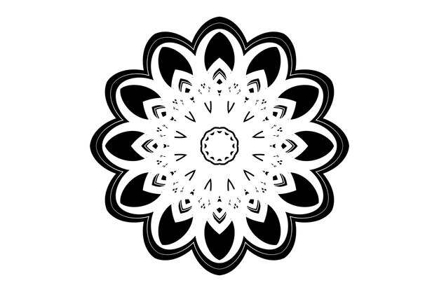 Ilustración de mandala simétrica en blanco y negro con un motivo central inspirado en el ojo