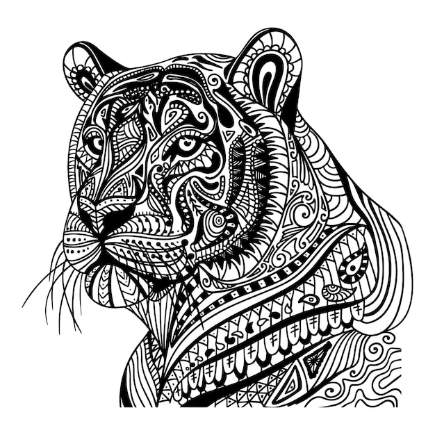 Ilustración de mandala de tigre y animal dibujada a mano
