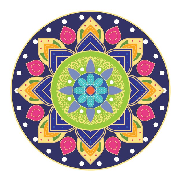 Ilustración de mandala vibrante con flores en el centro con patrones verdes, azules y naranjas