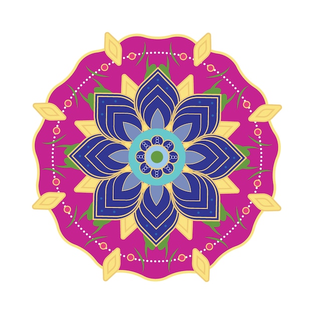 Ilustración de mandala vibrante con flores en el centro con patrones verdes, azules y naranjas